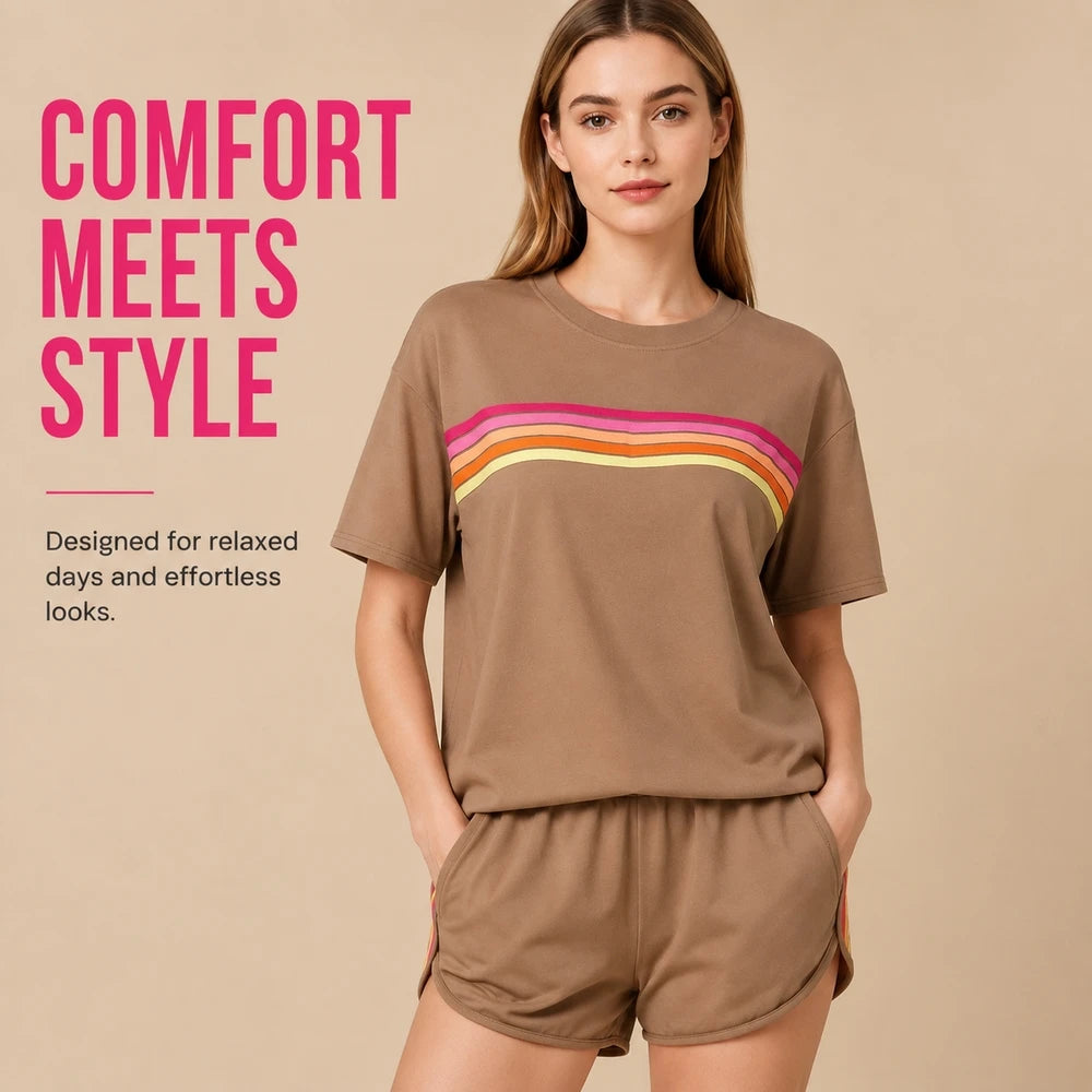 2 Piece Women's Short Set Short Sleeve Crew Neck T Shirt and Elastic Waist Shorts Retro Rainbow Striped Casual Lounge Wear Matching Outfit Relaxed Fit with Curved Hem Side Split for Streetwear Vacation Summer - Matrix-studios.com