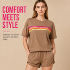 2 Piece Women's Short Set Short Sleeve Crew Neck T Shirt and Elastic Waist Shorts Retro Rainbow Striped Casual Lounge Wear Matching Outfit Relaxed Fit with Curved Hem Side Split for Streetwear Vacation Summer - Matrix-studios.com