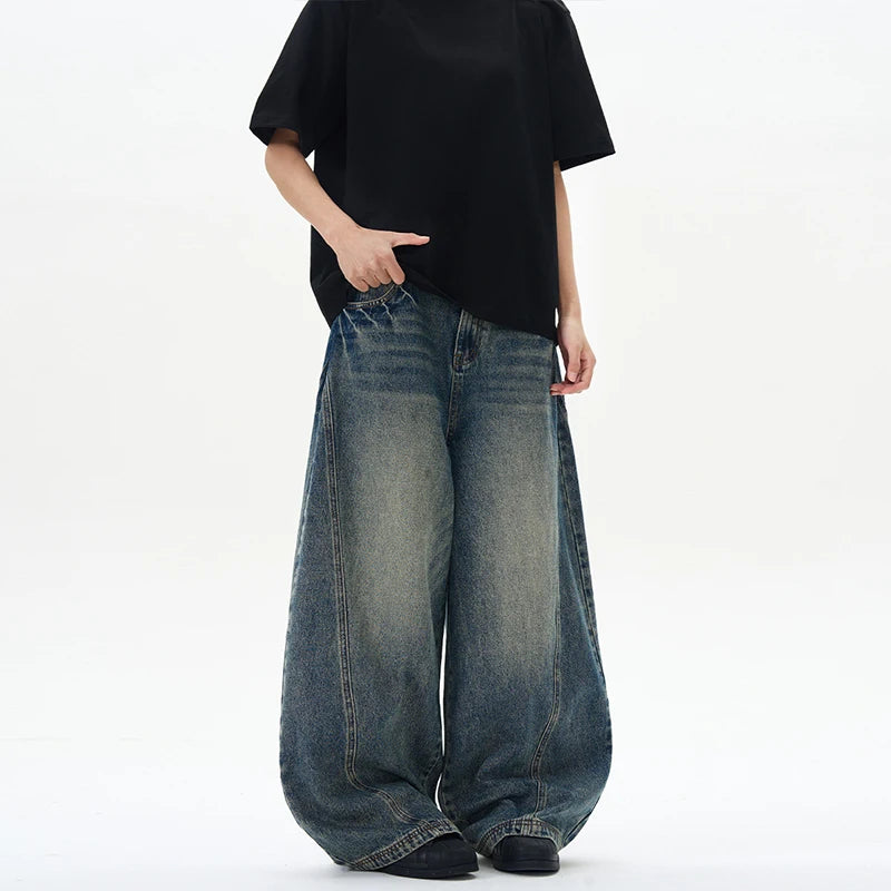 2025 Spring New Men's Jeans Oversized Wide Leg Pants Loose Vintage Patchwork Lightning Cracked Denim Trousers Streetwear Male - Matrix Studios