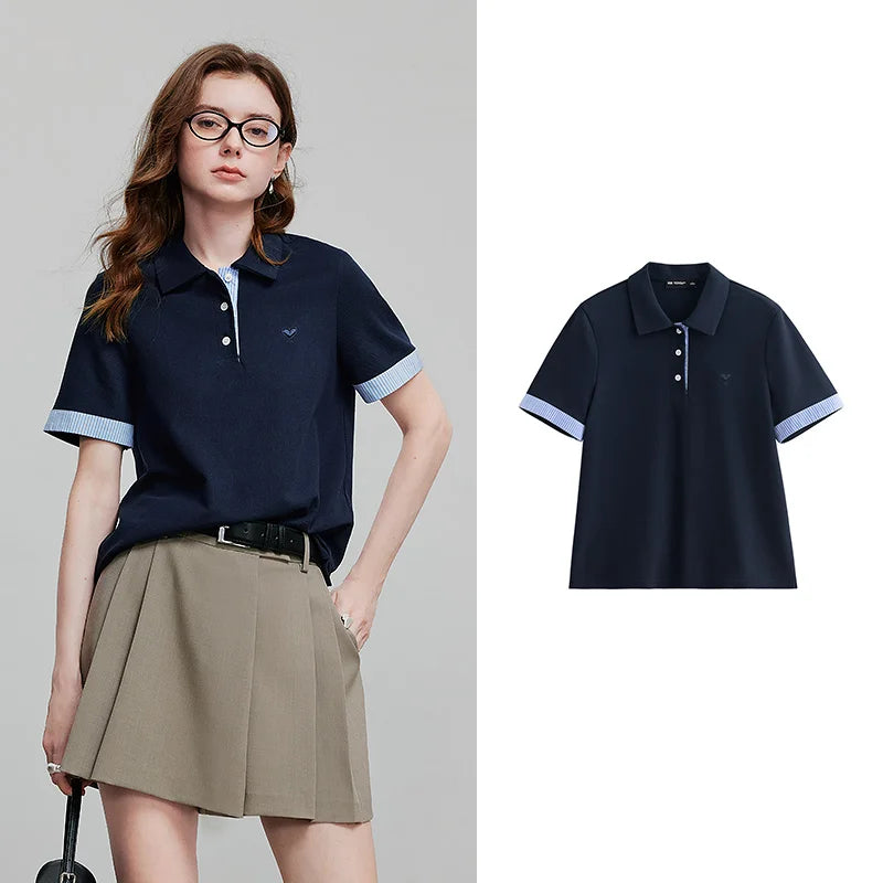 TOYOUTH Women Polo Shirt 2026 Summer New Color Block Striped Rolled Cuff Pique Fabric Vintage Casual Soft Breathable Tops - Matrix-studios.com