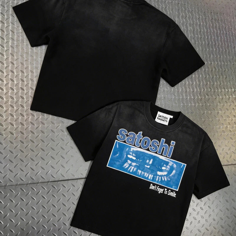 Satoshi T Shirt Print Vintage Washed Oversized Men Cotton Streetwear Loose Short Sleeve Y2K Tee - Matrix-studios.com