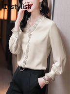 Elegant Women Chiffon Shirt Korean Blouse Office Lace Mesh Long Sleeve Ruffles V NeckTops Casual Vintage Pullovers Blusas 2022 - Matrix-studios.com