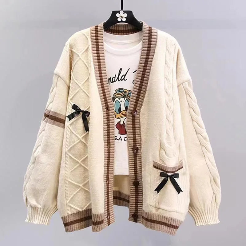 Japanese Bow Sweater Jacket For Women's Autumn And Winter 2025 New Loose And Lazy Style Design Anti-aging Knitted Cardigan - Matrix Studios