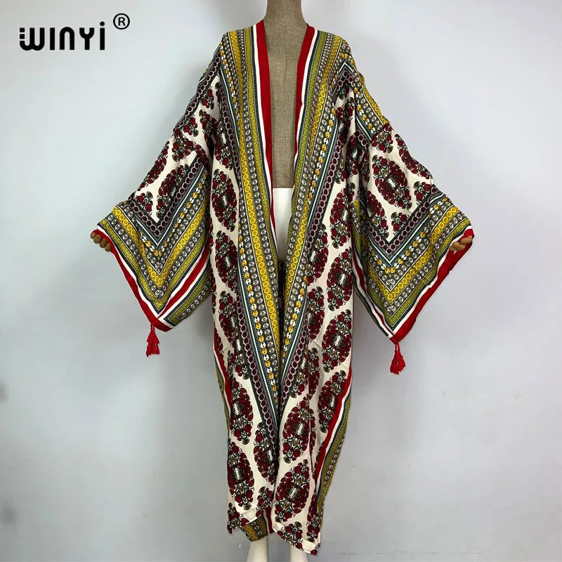 2023 WINYI New Cotton Feeling Bikini Cover-ups Bohemian Print Front Open Long Kimono Kaftan Beach Cover Ups for Swimwear Dresses - Matrix Studios