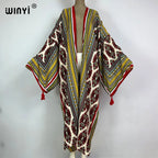 2023 WINYI New Cotton Feeling Bikini Cover-ups Bohemian Print Front Open Long Kimono Kaftan Beach Cover Ups for Swimwear Dresses - Matrix Studios