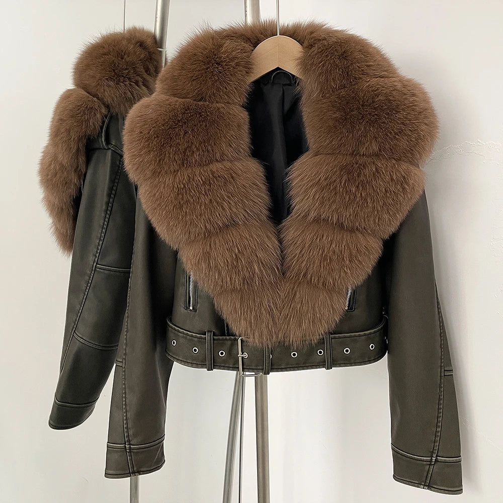 Fake Leather Coat New Natural Fox Fur Autumn Short Faux Leather Jacket Female Spring PU Women Long Sleeve Real Fur Coat Thin - Matrix Studios