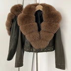 Fake Leather Coat New Natural Fox Fur Autumn Short Faux Leather Jacket Female Spring PU Women Long Sleeve Real Fur Coat Thin - Matrix Studios