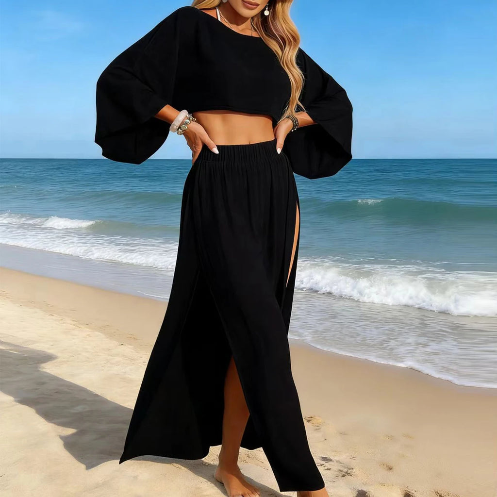 Fashion Casual Short Top and Split Skirt Set, Summer Vacation Lightweight Sheer Beach Cover-Up, Two-Piece Swimsuit for Women - Matrix Studios