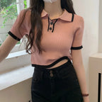 Contrast Color Polo Collar Shoulder Knitted Short Sleeves T-shirt Women's Summer Slim-Fitting Design Sense Niche Short Tops - Matrix-studios.com