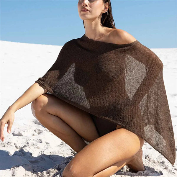 Off Shoulder Cover Up Tops Shirt Asymmetrical Sheer Knit Poncho Shrug Pullover Shawl Top Summer Holiday Beachwear - Matrix Studios