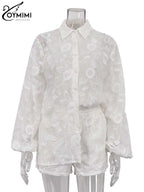 Oymimi Summer White Cotton 2 Piece Sets Women Outfit Casual Jacquard Button Wrist Sleeve Shirts And High Waist Shorts Female Set - Matrix-studios.com