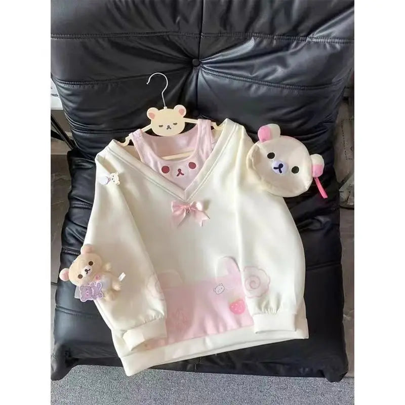 Japanese Kawaii Sweatshirts Women Autumn Sweet Bow Casual Off Shoulder Hoodies Design Elegant Lolita Tops Patchwork Coat - Matrix Studios