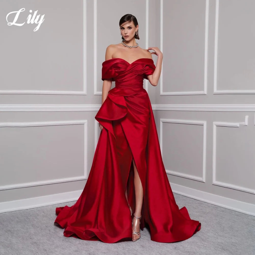 Lily Red Elegant Prom Gown V-Neck Off the Shoulder Party Dress for Woman Satin Pleating Side Split Evening Dresses Customized - Matrix-studios.com