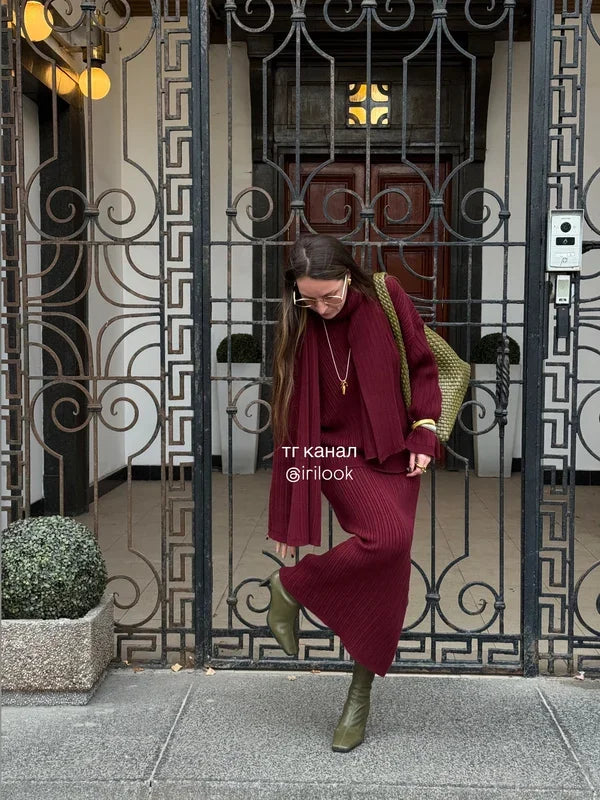 Hirsionsan Sexy Soft Elegant Vintage Women Suits 2 Pieces Female Sets Polo Neck Cardigan Sweater & Midi Dress Knitted TrackSuit - Matrix-studios.com