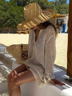 Solid Colour Beach Knit Mini Dress Women's Summer Sexy Hollow Out Long Sleeve Swimsuit Cover Up Boho Holiday Loose Beachwear K17 - Matrix Studios