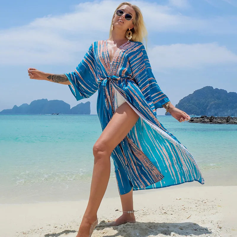Swimsuit Cover Up Printed Kimono for Sea Boho Coverup Long Luxury Beach Outings Belted Swimwear Cape Holiday Bathing Suits Sales - Matrix Studios