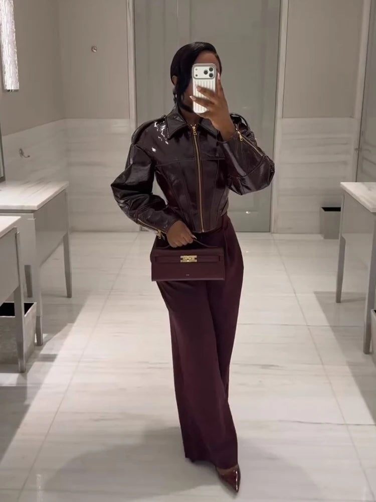Women Retro Cinched-waist Coated Leather Jacket Casual Lapel Full Sleeve Zipper Fishbone Coats 2026 Lady Daily High Street Coat - Matrix Studios