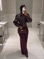 Women Retro Cinched-waist Coated Leather Jacket Casual Lapel Full Sleeve Zipper Fishbone Coats 2026 Lady Daily High Street Coat - Matrix Studios