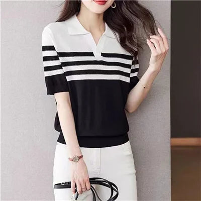 Women's POLO Collar T-Shirt Summer New 100% Cotton Knitted Short-Sleeved Casual Striped Shirt Women's Lapel Pullover Loose Top