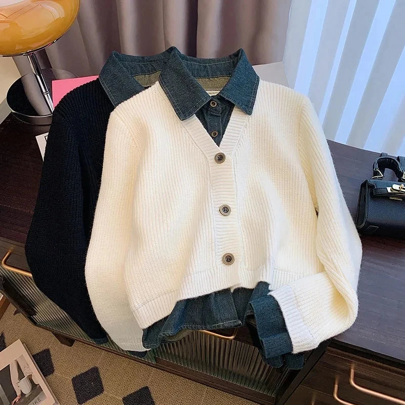2025 Autumn Winter New Retro Fake Two-Piece knitted Cardigan Sweater Women's Fashion Spliced Denim Short Coat Female Casual Tops - Matrix Studios