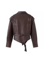 Mauroicardi Spring Autumn Short Retro Brown Pu Leather Jacket Women Sashes Lace Up Luxury Designer Emo Clothes European Fashion - Matrix Studios