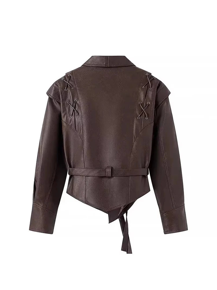 Mauroicardi Spring Autumn Short Retro Brown Pu Leather Jacket Women Sashes Lace Up Luxury Designer Emo Clothes European Fashion - Matrix Studios