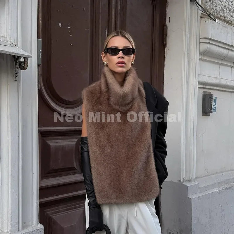 Neo Mint 2025 Brand Fashion Faux Fur Sable Vest Crop Top Autumn Winter Turtleneck Eco Mink Fur Tank Tops Sleeveless Jacket Coat - Matrix Studios