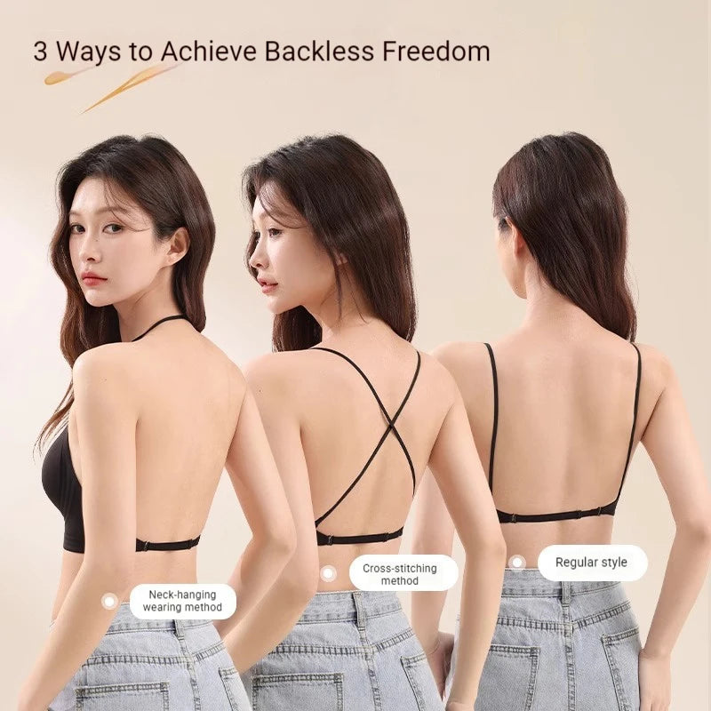 FINETOO Women's 3 Ways to Wear Halter Neck Backless Bralette Seamless Thin-Strapped Gather Bra Female Sexy Solid Color Underwear - Matrix Studios