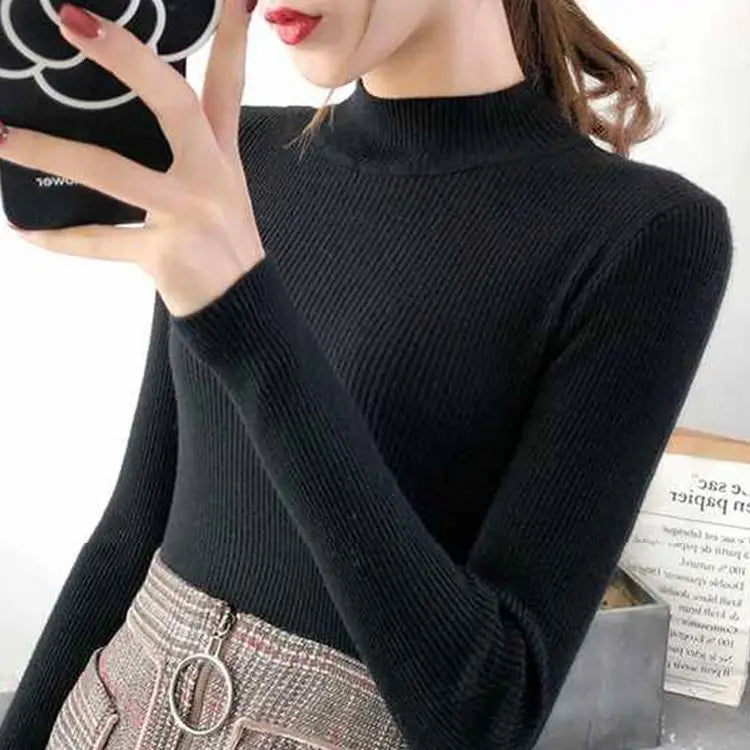Autumn Winter Mock Neck Women Sweater Vintage Basic Solid Knitted Tops Casual Slim Pullover Korean Sweaters Simple Chic Jumpers - Matrix Studios