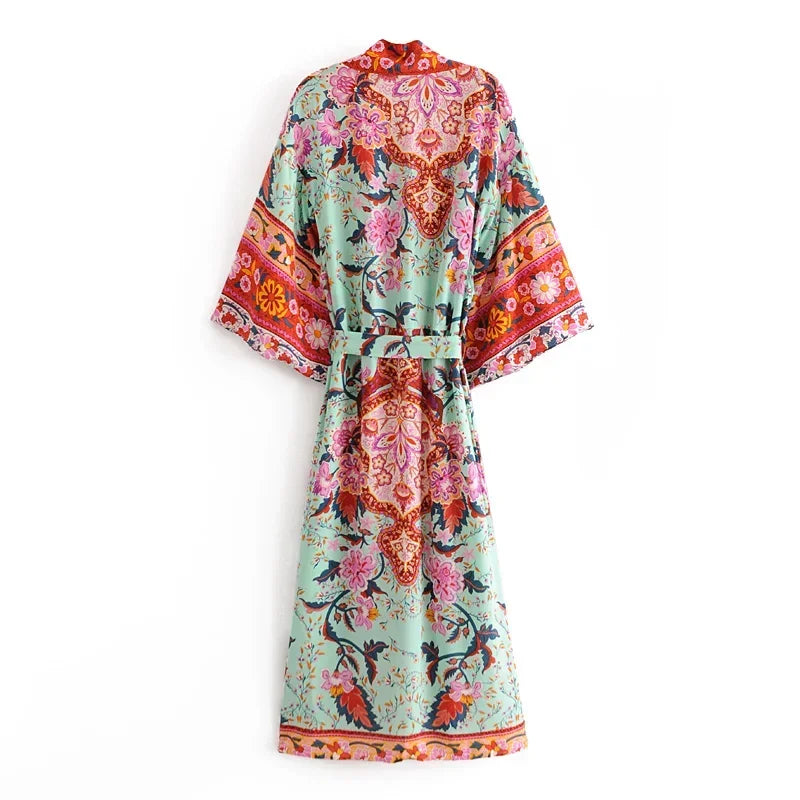 Boho Queens Women Peacock Print Bat Sleeve Beach Bohemian Kimono Robe Ladies V Neck Tassel Summer Happie Bikini Cover-ups - Matrix Studios