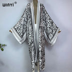 WINYI Kimono Africa Summer Boho Print Bikini Cover-up Elegant Fashion Cardigan Sexy Holiday Long Sleeve Silk Feeling Maxi Dress - Matrix Studios