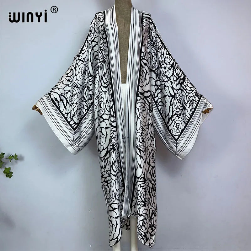 WINYI Kimono Africa Summer Boho Print Bikini Cover-up Elegant Fashion Cardigan Sexy Holiday Long Sleeve Silk Feeling Maxi Dress - Matrix Studios