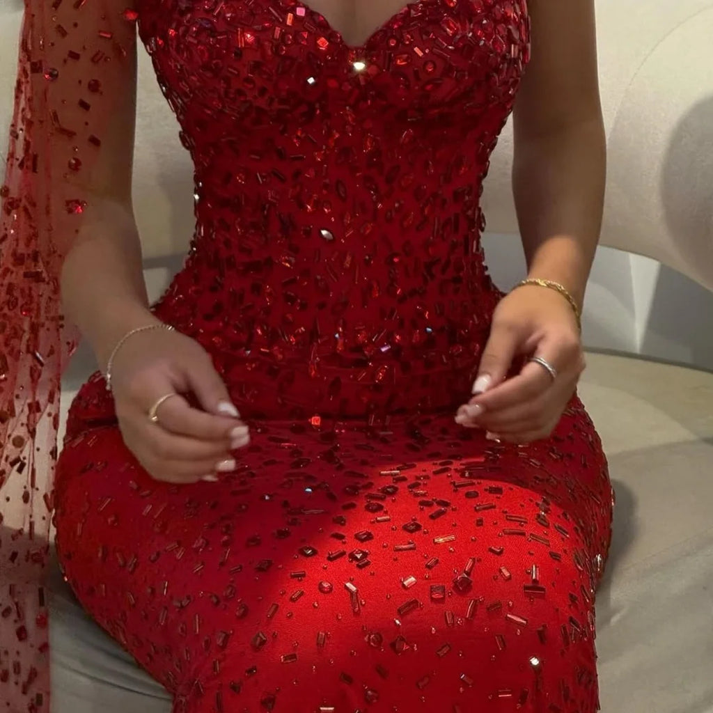Amanda Customized Women Red Strapless Prom Dress Sequin One-Shoulder Cape vestidos de noche Mermaid Maxi Formal Evening 2025 - Matrix Studios