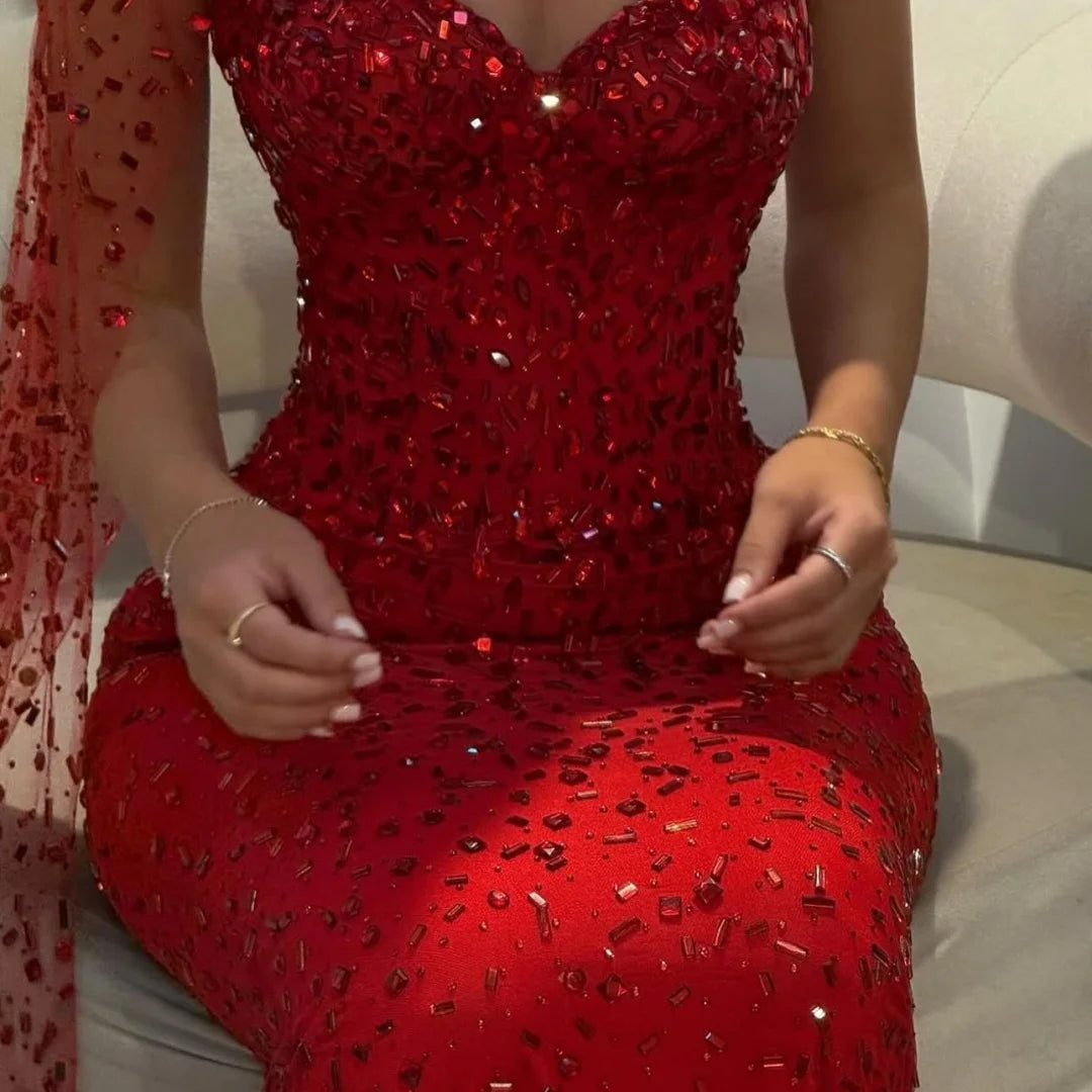 Amanda Customized Women Red Strapless Prom Dress Sequin One-Shoulder Cape vestidos de noche Mermaid Maxi Formal Evening 2025 - Matrix Studios