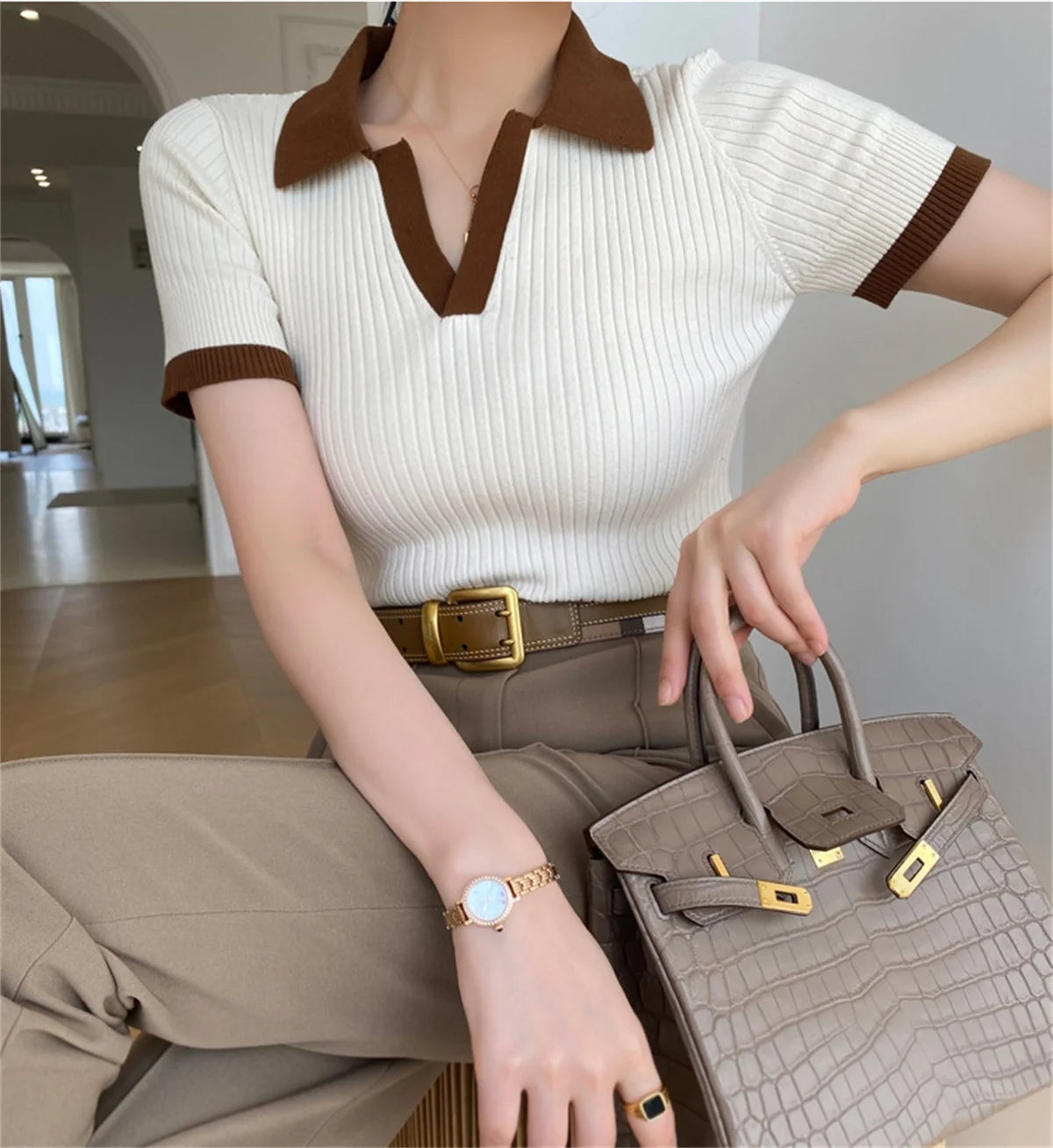 Short Sleeve Polo Neck Knitted Tops Women Lightweight Knitted Sweater Polo Shirts Elegant Office Lady Casual Chic Outfit - Matrix-studios.com