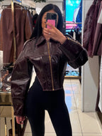 Women Retro Cinched-waist Coated Leather Jacket Casual Lapel Full Sleeve Zipper Fishbone Coats 2026 Lady Daily High Street Coat - Matrix Studios