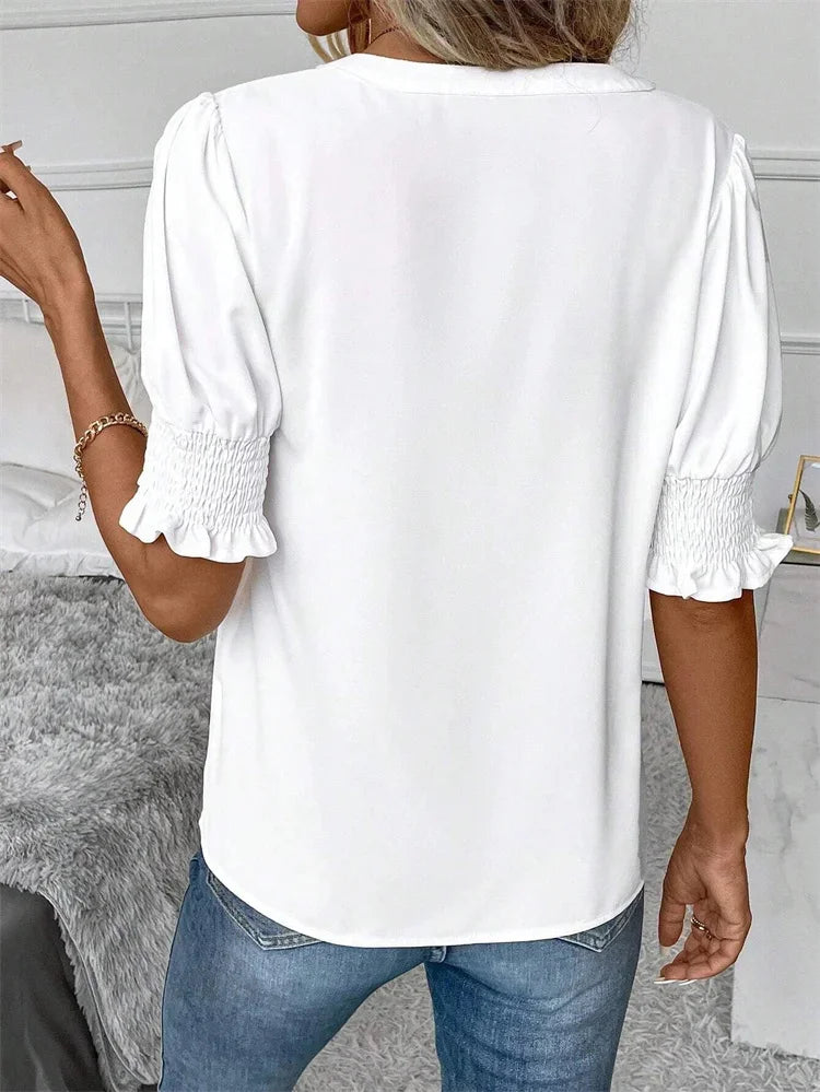 Women Summer Style Blouses Shirts Lady Casual Short Puff Sleeve V-Neck Solid Color Blouse Tops - Matrix-studios.com