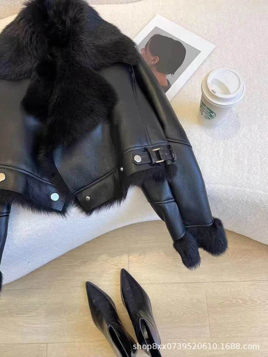 Faux PU Leather Coats Women Fur Collar Coat Thick Warm Short Jackets Spring Streetwear Button Open Stitch Jacket Autumn Winter - Matrix Studios