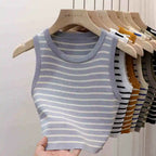 2026 Spring Summer New Sleeveless Ice Silk Knit Tank Top Striped O-Neck Women's Camisole Slim Fit Versatile Sexy Crop Tops - Matrix-studios.com