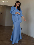 Clacive Fashion Loose Pink Cotton Office Women 2-Piece Sets 2027 Winter Long Sleeve Blazer With High Waist Maxi Skirt Set Female - Matrix-studios.com