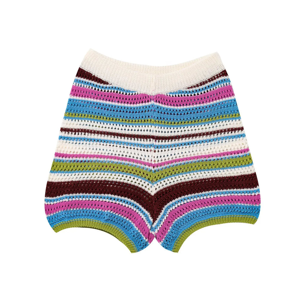 Women Patchwork Striped Hollow Out Crochet Knitted Crop Sweater Shorts Set Short Sleeve Polo Collar Sweater Knit Shorts Suit Y2K - Matrix-studios.com