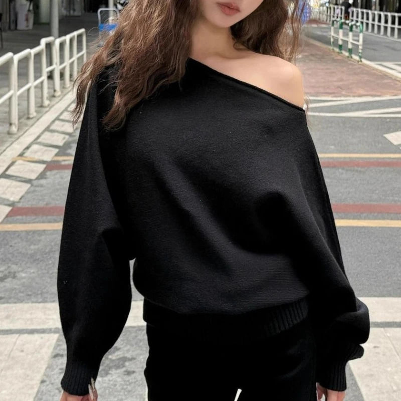 Batwing Long Sleeve Knitted Pullover Women 380g Thick Off Shoulder Top Korean Fashion Sweater Loose Casual Autumn Outwear Pull - Matrix Studios