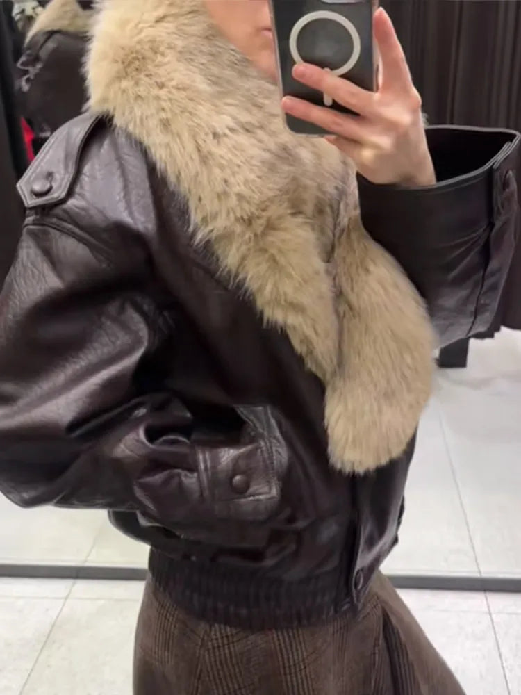 Women Vintage Fur Collar Leather Jacket Lapel V-neck Full Sleeve Double Breasted Bomber Jackets Lady Winter High Street Outwears - Matrix Studios