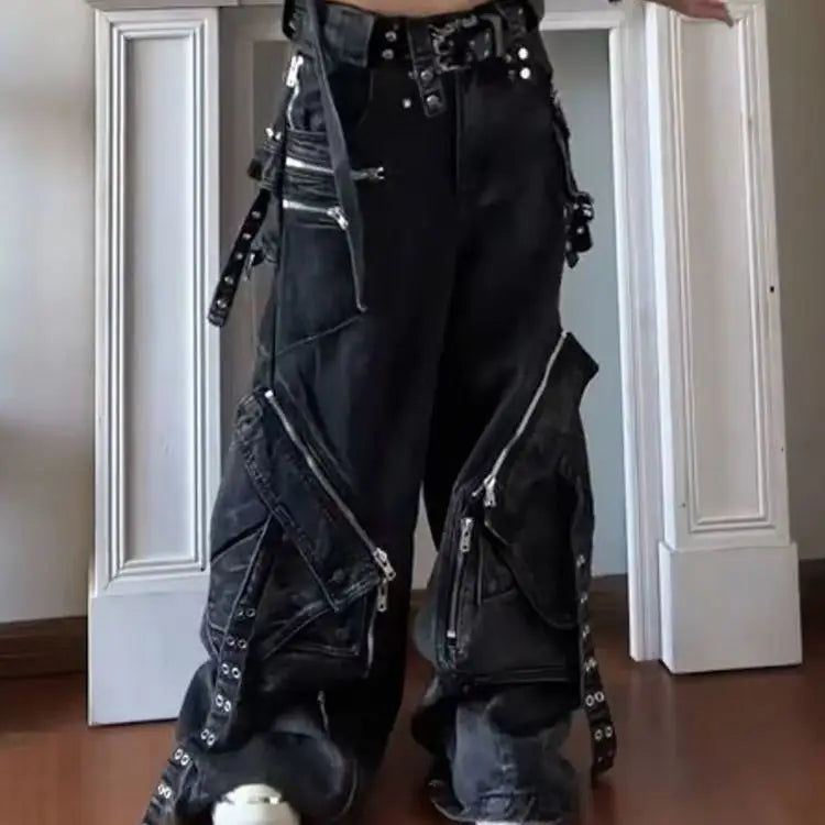 Black Gothic Punk Multi-Pocket Zipper Black Jeans Men And Women Y2K American Baggy Fashion Vintage Casual Loose Wide-Leg Jeans - Matrix-studios.com