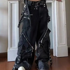Black Gothic Punk Multi-Pocket Zipper Black Jeans Men And Women Y2K American Baggy Fashion Vintage Casual Loose Wide-Leg Jeans - Matrix-studios.com