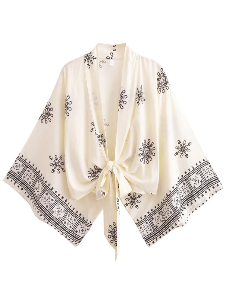 Vintage Women Fashion Boho Kimono Short Robe Swimsuits Floral Print Batwing Sleeves Bohemian Bikini Cover-Ups Beachwear - Matrix Studios