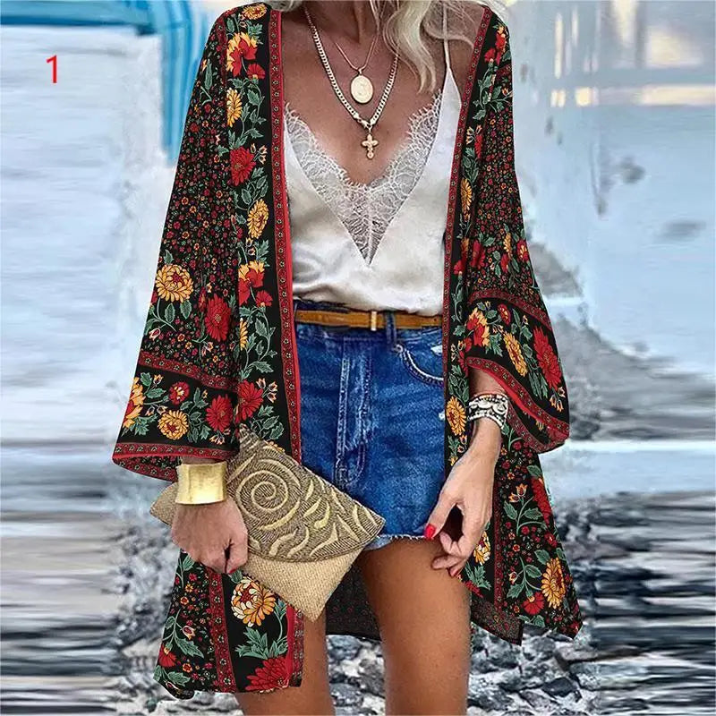 WeHello 2023 Summer Bohemian Casual Cloak Cardigan for Swimsuit woman Beach Swimwear Tops Long Sleeved Shawl Chiffon Shirt - Matrix Studios