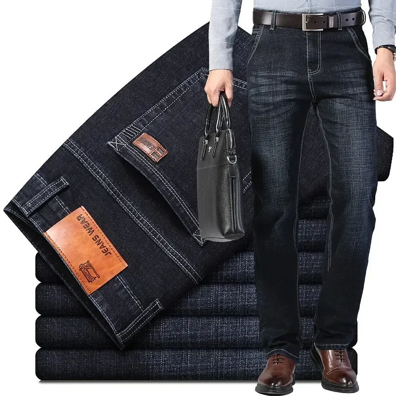 2026 New Men's Stretch Regular Fit Jeans Business Casual Classic Style Fashion Denim Trousers Male Black Blue Gray Pants - Matrix Studios