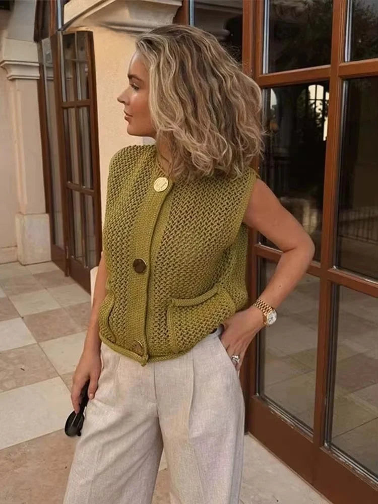 Women Fashion Sleeveless Coarse Needle Knitting Vest Sweater Female Chic Big Pockets Patch Buttons Cardigan Waistcoat Tops - Matrix Studios