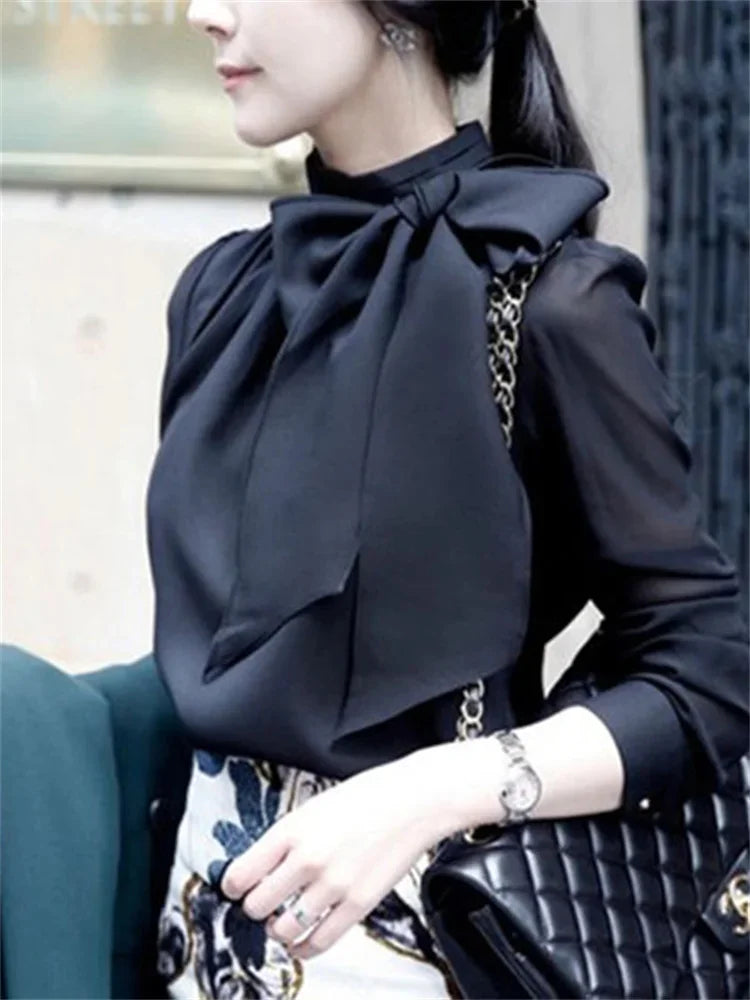 Women Spring Summer Style Chiffon Blouses Shirts Lady Casaul Long Sleeve White Black Bow Tie Collar Blusas Tops - Matrix-studios.com